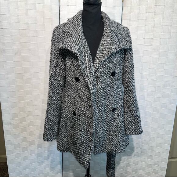 Calvin Klein Tweed Double Breasted Pea Coat Wool Blend Belted Jacket Womens 8 - Picture 5 of 16